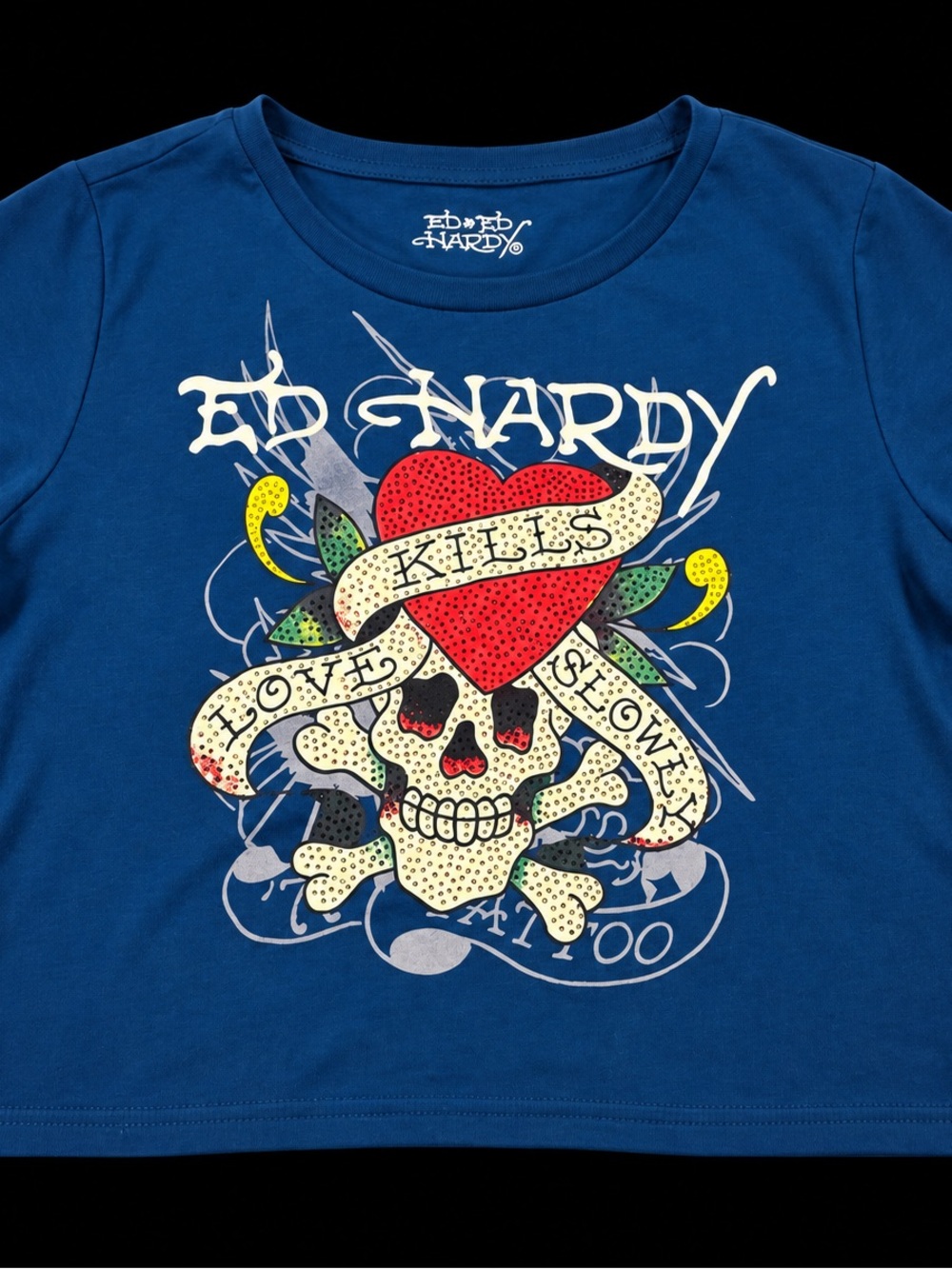 Ed Hardy Blue Crop Top with Red Heart & Cream Skull Graphic
